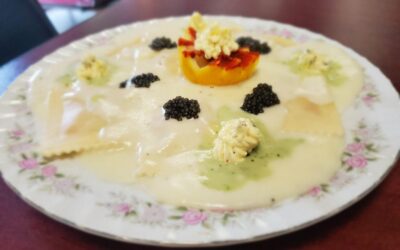 Lobster Ravioli with Alfredo Sauce Topped with Compound Butter and Caviar
